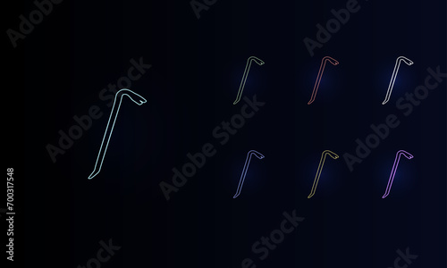 A set of neon crowbar symbols. Set of different color symbols, faint neon glow. Vector illustration on black background