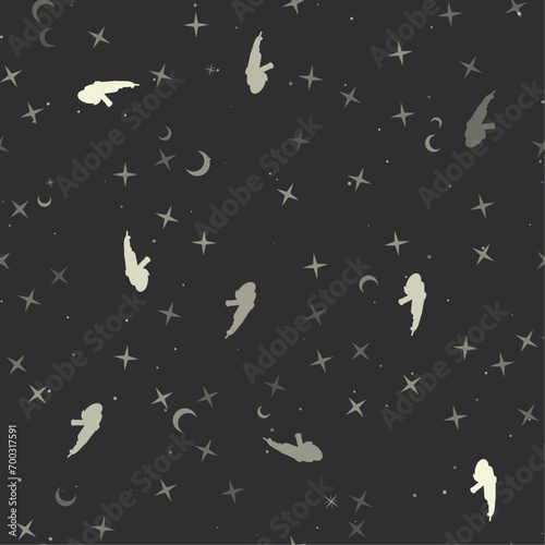 Seamless pattern with stars, angle grinder symbols on black background. Night sky. Vector illustration on black background
