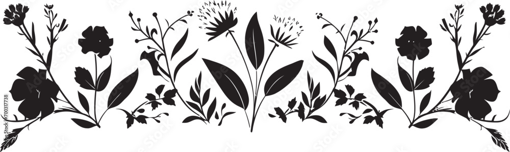 Obraz premium Botanical Silhouette Border Black Floral Icon Design Monochrome Garden Edging Floral Vector Logo
