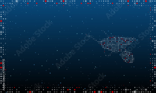On the right is the garden cart symbol filled with white dots. Pointillism style. Abstract futuristic frame of dots and circles. Some dots is red. Vector illustration on blue background with stars