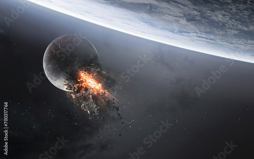 3D illustration of Moon exploding. High quality digital space art in 5K - realistic visualization