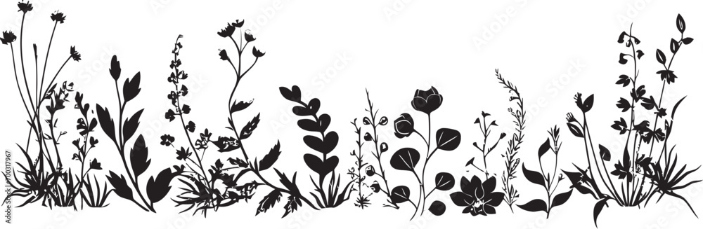 Ink Engraved Flora Perimeter Botanical Vector Icon Midnight Ink Blossoms Floral Border Vector Icon - obrazy, fototapety, plakaty 