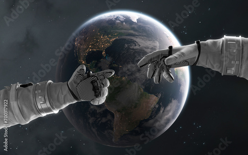 3D illustration of astronaut hand connecting. High quality digital space art in 5K - realistic visualization