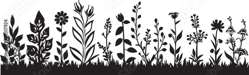 Fototapeta Naklejka Na Ścianę i Meble -  Elegant Inked Blooms Botanical Border Vector Icon Floral Noir Perimeter Black Vector Logo Design