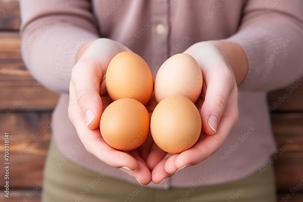 close-up shot capturing the essence of a woman farmer hands gently cradling chicken farm eggs. Farm fresh goodness. An intimate view showcasing the natural beauty of locally sourced eggs.