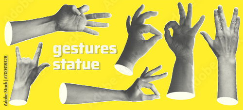 Set statue hands halftone style for collage design. Fingers show gestures as ok, peace, thumb up, point to object, rock, isolated on Yellow background. Contemporary modern art. Vector illustration.