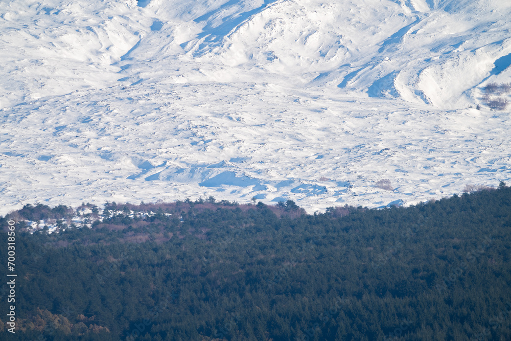 Bronte town under the snowy and majestic volcano Etna and a cloudy blue sky