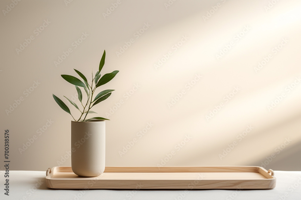 Still life, nature, interior and design concept. Green plant in pot placed on wooden pallet in front of bright blank wall background with copy space. Natural soft light - obrazy, fototapety, plakaty 