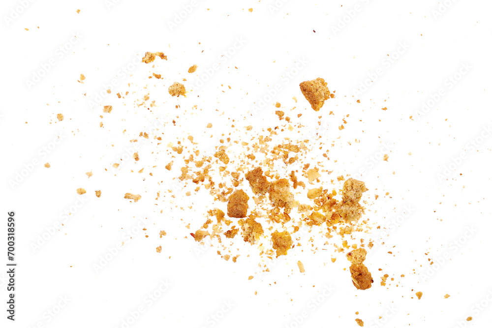 Pile cake crumbs, cookie flying isolated on white, clipping path Pile cake crumbs, cookie flying isolated on white, clipping path