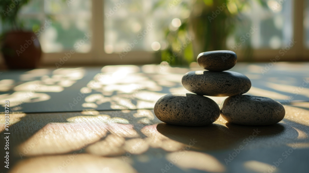 Zen rock formation in a sunlit room, symbolizing balance and calmness.