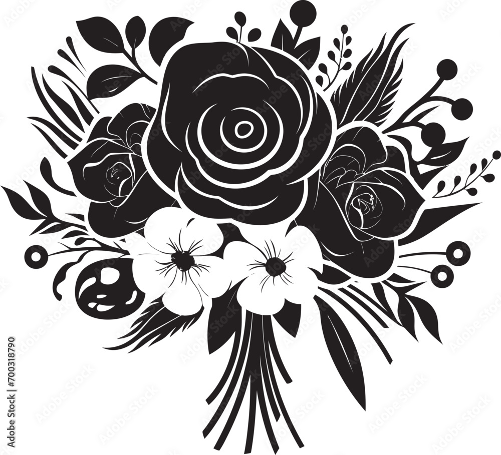 Graceful Petal Harmony Black Bridal Emblem Wedded Blossom Ensemble Bridal Bouquet Vector