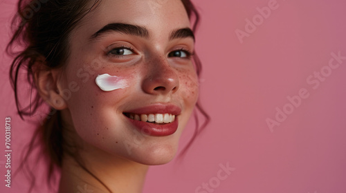 Close-up beauty shot featuring the face of a young brunette woman with a small drop of cream on her skin. Promotional image for a cream emphasizing good skin health. Pink background.