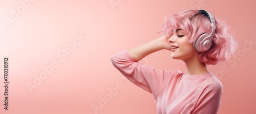Woman with pink hair and pink sweater listens to music on her headphones. Copy space