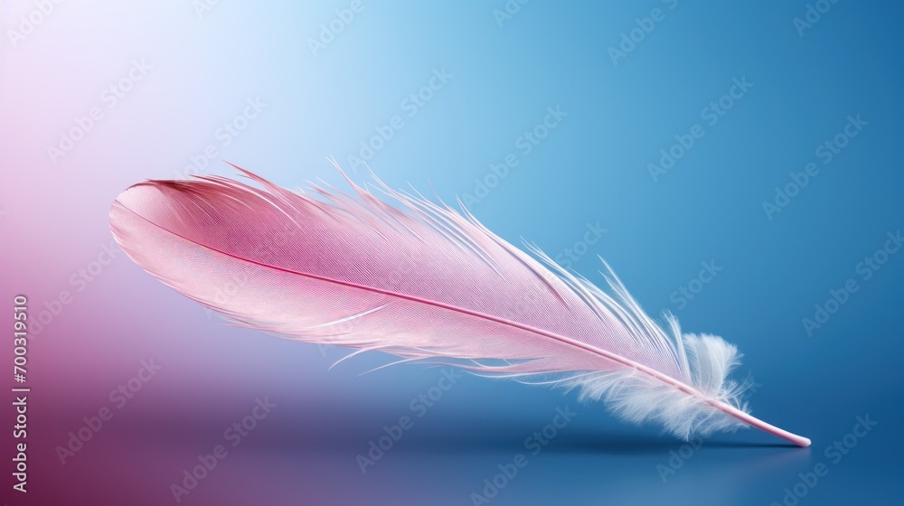 a pink feather sitting on top of a blue and pink background with a blurry image of a bird's wing. a pink feather sitting on top of a blue and pink background with a blurry image of a bird's wing.