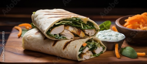 Grilled chicken wrap with tzatziki, spinach, and carrots.