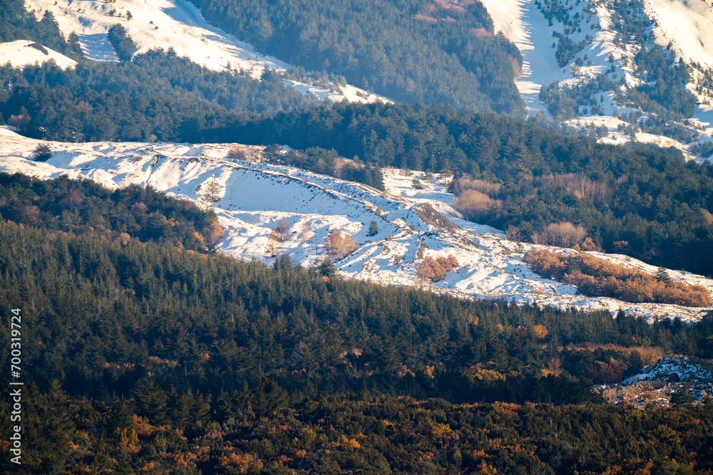 Bronte town under the snowy and majestic volcano Etna and a cloudy blue sky