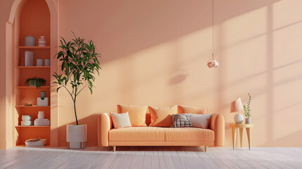 Crédence de cuisine Pantone 2024 Peach Fuzz Peach fuzz room ,minimal interior livingroom. peach sofa with peach color paint wall. color of the year 2024 . Mockup background. 3d render  © Prasanth