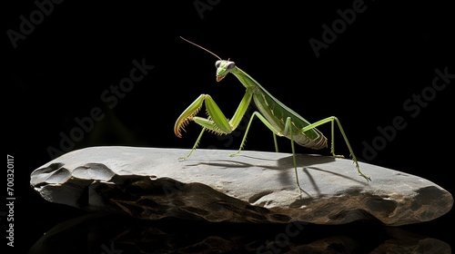  a close up of a praying mantissa on a rock on a black background with a reflection in the water. photo