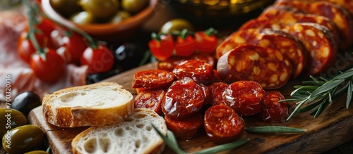 Spanish chorizo with bread, olives, jamon serrano and tomatoes. photo