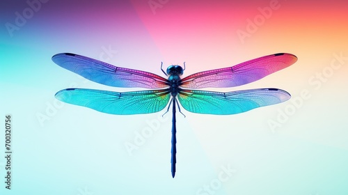  a dragon flys through the air in front of a multicolored background of blue, pink, and green. © Olga