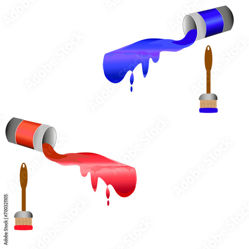 there are red and blue paints and two paint brushes