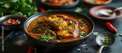 Bengali-style fish curry served on a dark surface, representing Asian cuisine. photo