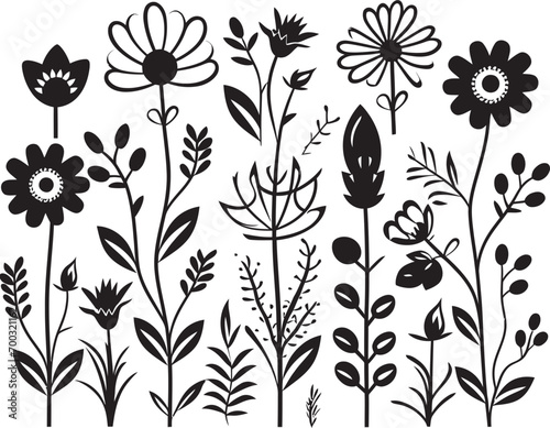 Fototapeta Naklejka Na Ścianę i Meble -  Flower Doodle Art Black Vector Symbol Hand Drawn Botanicals Monochrome Logo