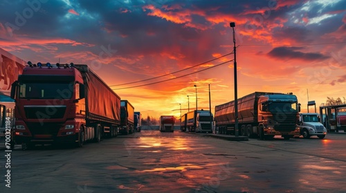 Many transport trucks parked at a service station at sunset