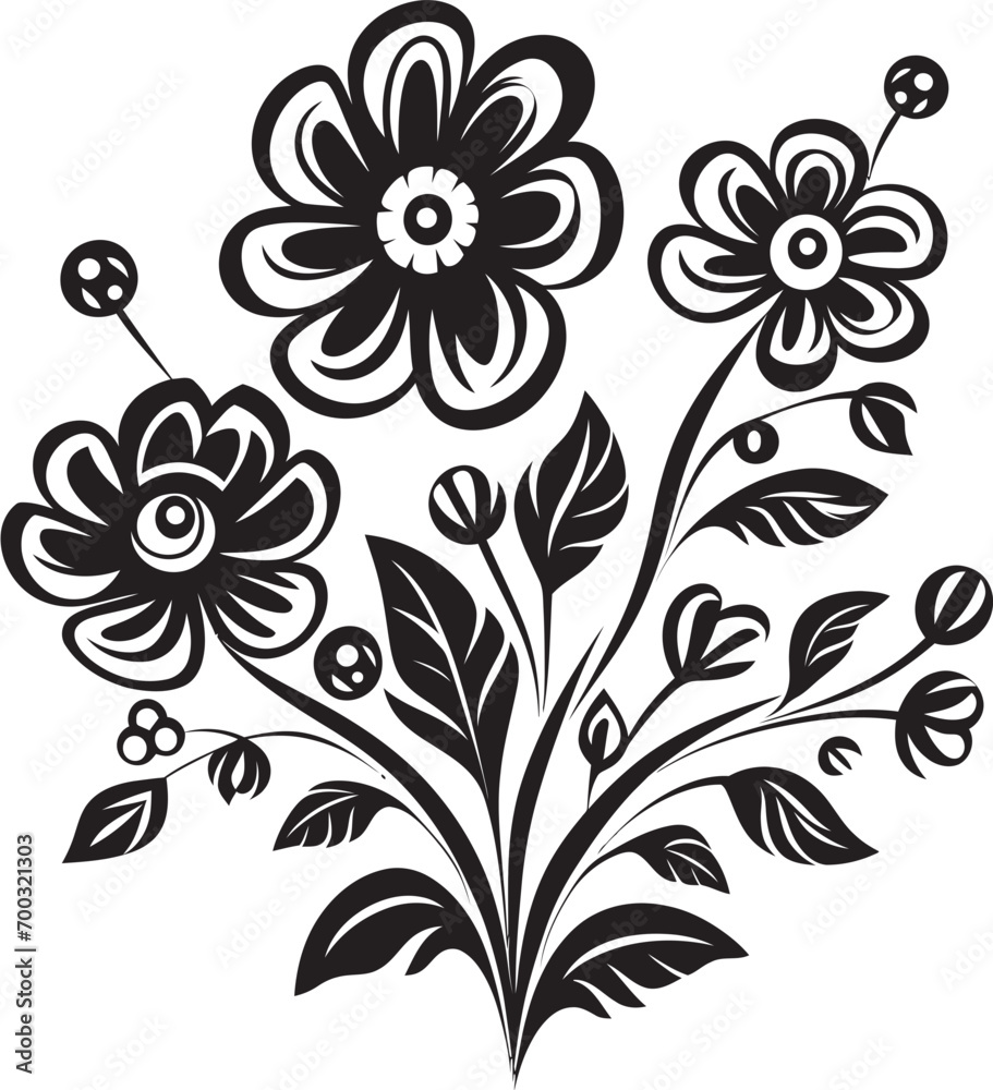 Hand Drawn Flower Sketch Black Icon Artistic Doodle Bouquet Monochrome Vector