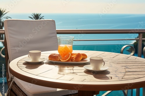Romantic breakfast setting Table for two on hotel balcony