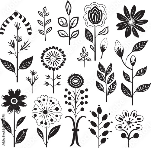 Doodle Petal Delight Black Emblem Ink Scribble Blooms Monochrome Vector