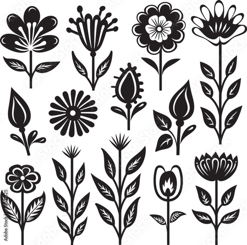 Fototapeta Naklejka Na Ścianę i Meble -  Whimsical Blooms Black Logo Design Floral Fantasy Monochrome Bunch Emblem