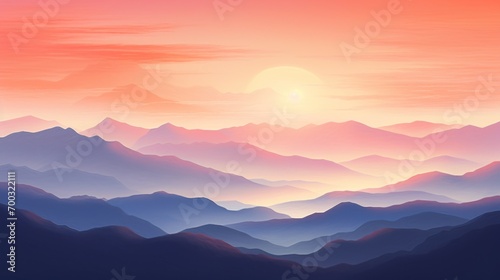  a painting of a mountain range with the sun setting in the distance with a pink and blue sky in the background.