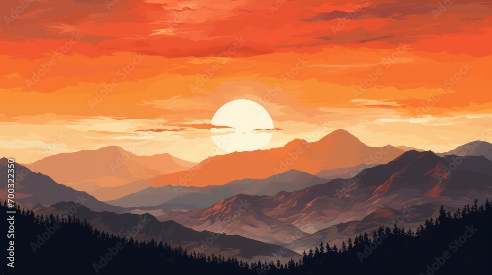  a painting of a sunset over a mountain range with a bird flying over the top of the mountain in the foreground.