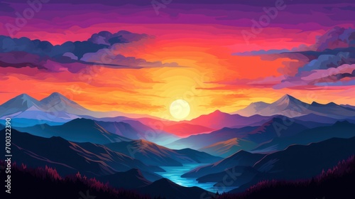  a painting of a sunset over mountains with a river in the foreground and a mountain range in the background.