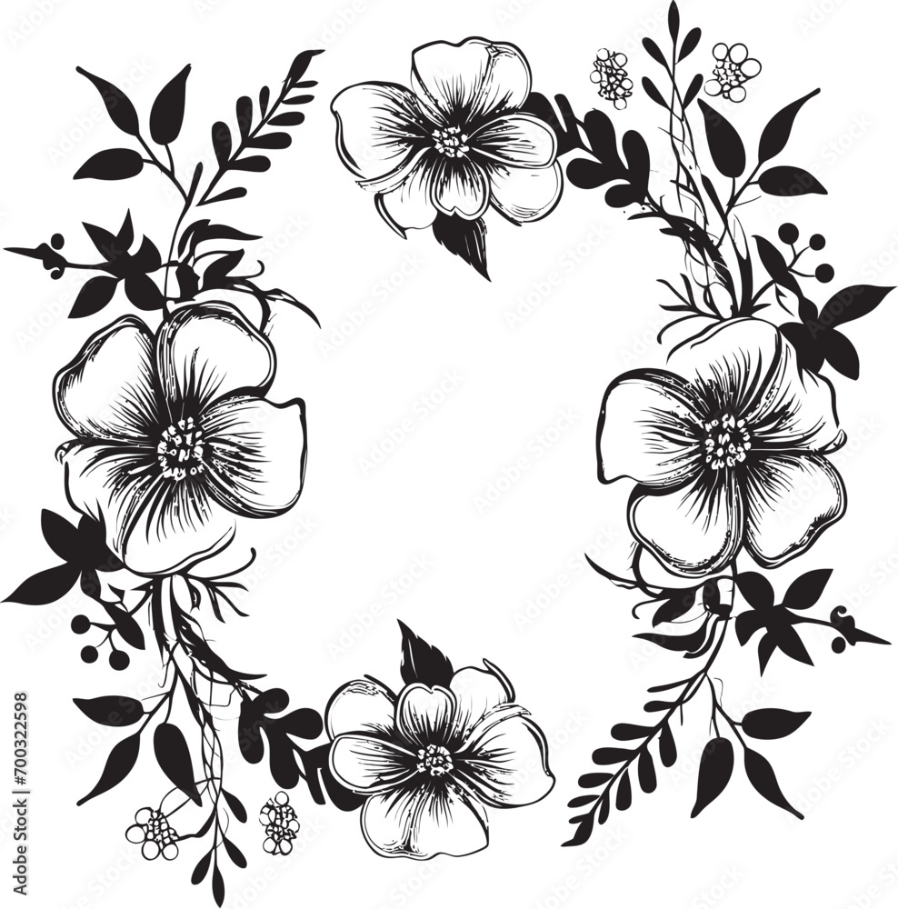 Petite Blossom Enclosure Black Vector Logo Intricate Floral Border Monochrome Emblem