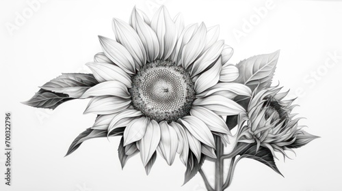  a black and white drawing of a sunflower with leaves on it's stem and a bee on it's head.
