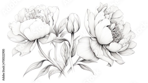  a black and white drawing of two peonies with leaves on the side of the peonies  and a single peonie on the other side of the peonies on the other side of the peoni.