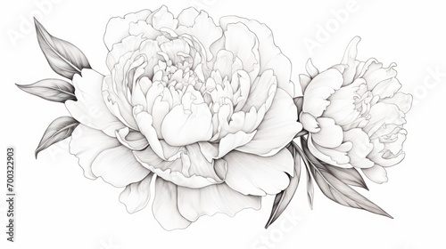 a black and white drawing of two peonies with leaves on the side of the peonie flower.