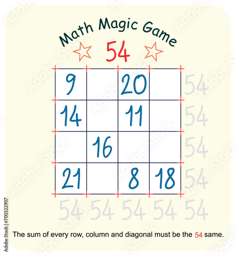 Magic math game. (Magic square)  Recreational mathematics and educational series vector illustration.