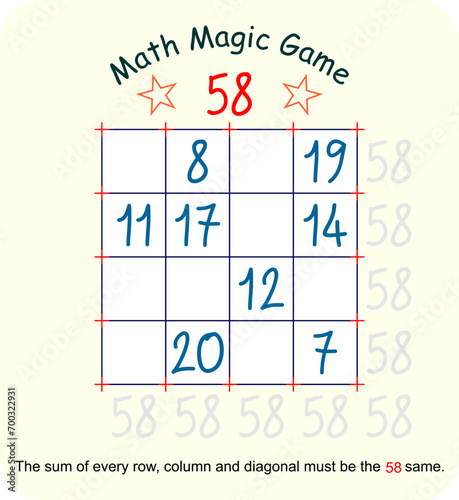 Magic math game. (Magic square)  Recreational mathematics and educational series vector illustration.