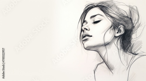  a black and white drawing of a woman's face with her eyes closed and her hair blowing in the wind.