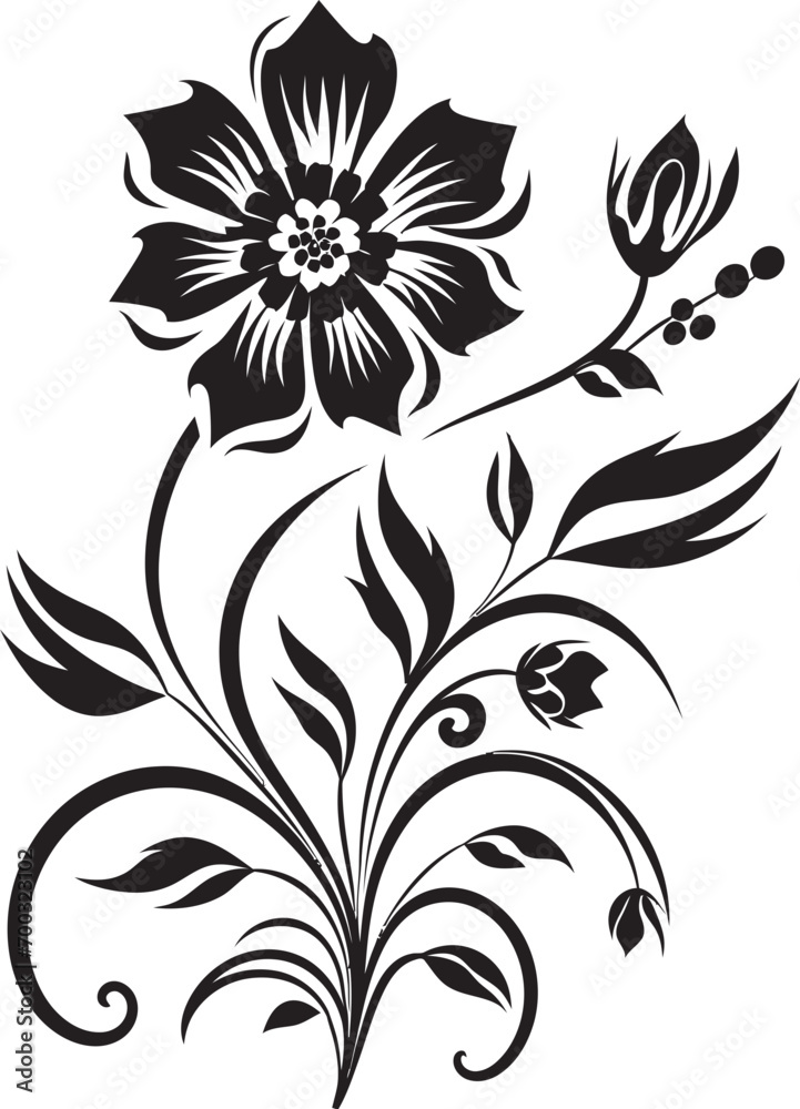 Solid Floral Sketch Black Emblematic Design Bold Bloom Structure Monochrome Vector Frame