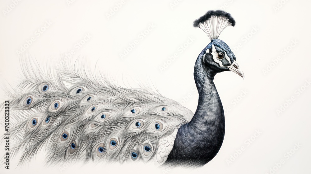 Fototapeta premium a drawing of a peacock with lots of feathers on it's back feathers are black, white, and blue.