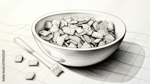  a drawing of a bowl of cheetos with a spoon and spoon rest on the side of the bowl.