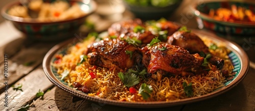 Chicken kabsa, a popular dish in Saudi Arabia, belongs to Arab cuisine. photo