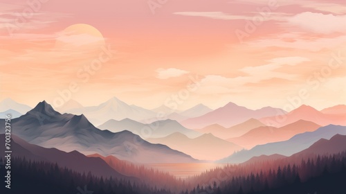  a painting of a mountain range with a lake in the foreground and trees in the foreground, with a sunset in the background.