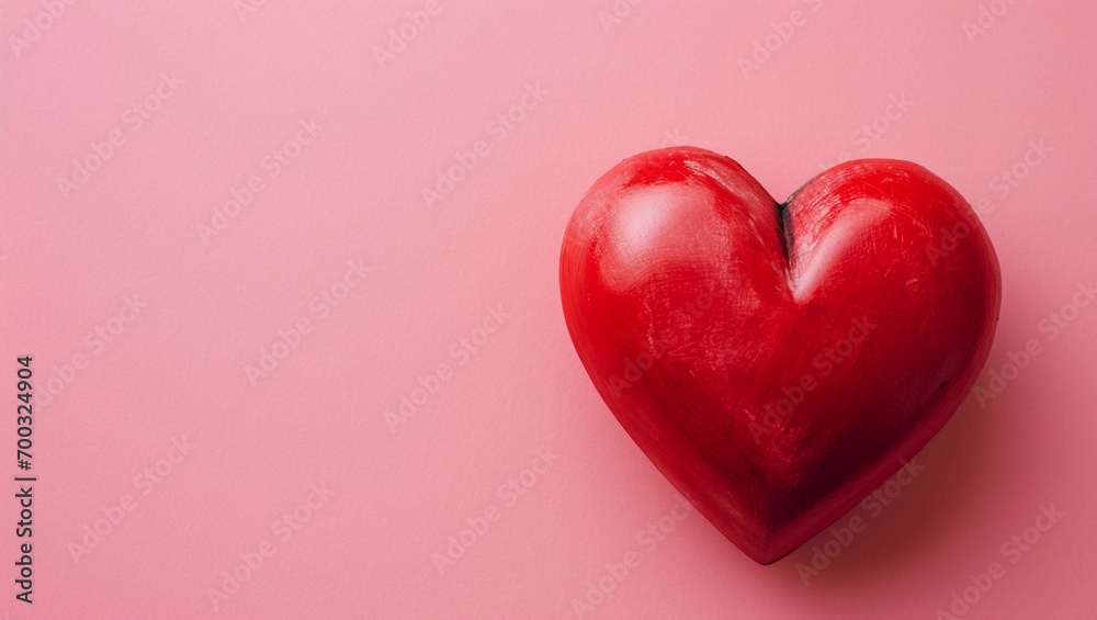 Red heart on pink background. One heart-shaped object is located to the side, there is space for text. Red heart on pink background. One heart-shaped object is located to the side, there is space for text.
