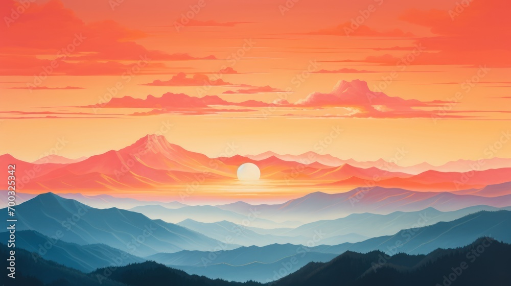  a painting of a sunset over a mountain range with a bird flying over the top of the mountain range in the foreground.