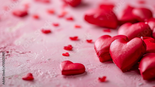 Red hearts on pink background. A lot of heart-shaped object is located to the side, there is space for text.